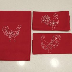 (3) Vintage red waffle weave Rooster dishtowels.  Machine embroidered by me!